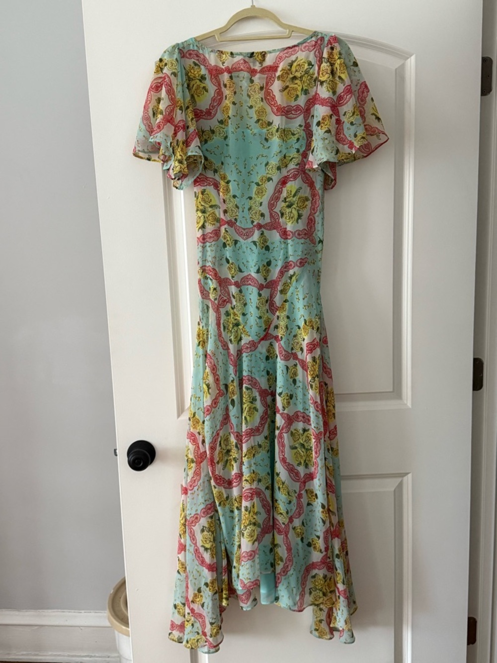 De La Vali Olivia Blue Floral Midi Dress with Pink & Yellow Accents